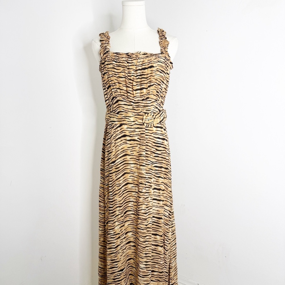 Faithfull The Brand Tiger Print Ruffle Strap Midi Dress – Size L (US 8) - Picture 2 of 6